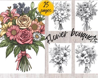 25 Flower Bouquet Coloring Pages, Printable Coloring Book PDF, Floral Coloring Pages, Kids And Adults Coloring Book, Grayscale Coloring Book