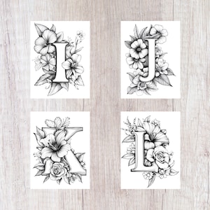May include: Four black and white illustrations of the letters I, J, K, and L with floral designs. The letters are surrounded by flowers and leaves.