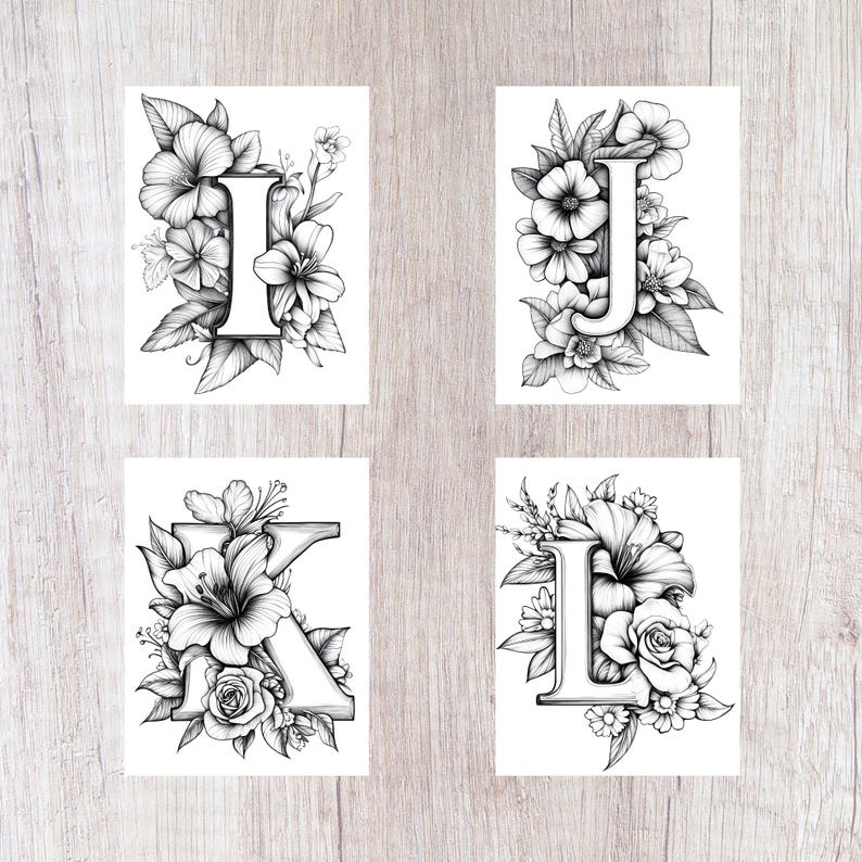 May include: Four black and white illustrations of the letters I, J, K, and L with floral designs. The letters are surrounded by flowers and leaves.