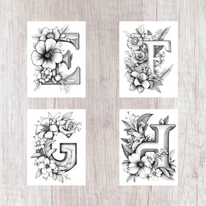 May include: Four black and white illustrations of letters E, F, G, and H with floral designs. Each letter is surrounded by flowers and leaves.