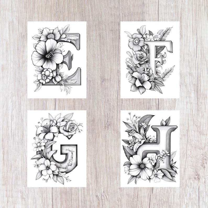 May include: Four black and white illustrations of letters E, F, G, and H with floral designs. Each letter is surrounded by flowers and leaves.