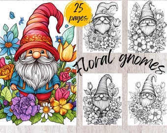 25 Floral Gnome Coloring Pages, Printable Coloring Book PDF, Flower Coloring Pages, Kids And Adults Coloring Book, Grayscale Coloring Book