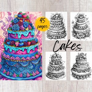 Pu&ograve; includere: Una torta colorata a pi&ugrave; piani decorata con glassa, bacche e fiori. La torta &egrave; circondata da un motivo floreale. L'immagine include anche quattro illustrazioni in bianco e nero di torte, con la parola "Cakes" in grandi lettere.