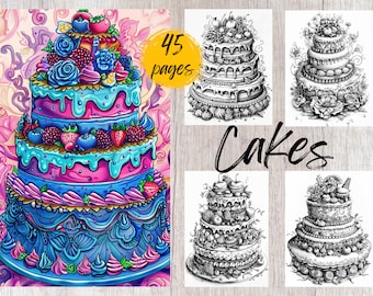 45 Cake Coloring Pages, Printable Coloring Book PDF, Dessert Coloring Pages, Kids And Adults Coloring Book, Food Coloring Pages