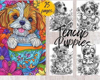 25 Teacup Puppy Coloring Pages, Printable Coloring Book PDF, Floral Coloring Pages, Kids And Adults Coloring Book, Dog Coloring, Grayscale