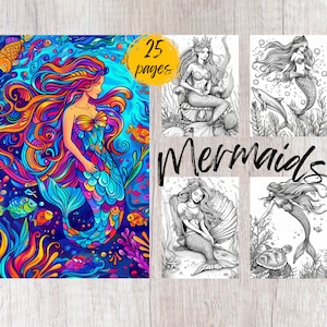25 Mermaid Coloring Pages, Printable Coloring Book PDF, Underwater Coloring Pages, Kids And Adults Coloring Book, Fantasy Coloring