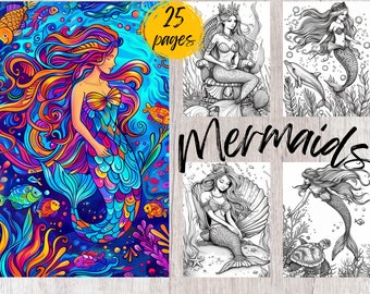 25 páginas para colorear de sirenas, libro para colorear imprimible en PDF, páginas para colorear bajo el agua, libro para colorear para niños y adultos, colorear de fantasía