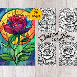 30 枚のステンドグラスのバラのページ、印刷可能な塗り絵 PDF、花の塗り絵、子供と大人の塗り絵、グレースケールの塗り絵