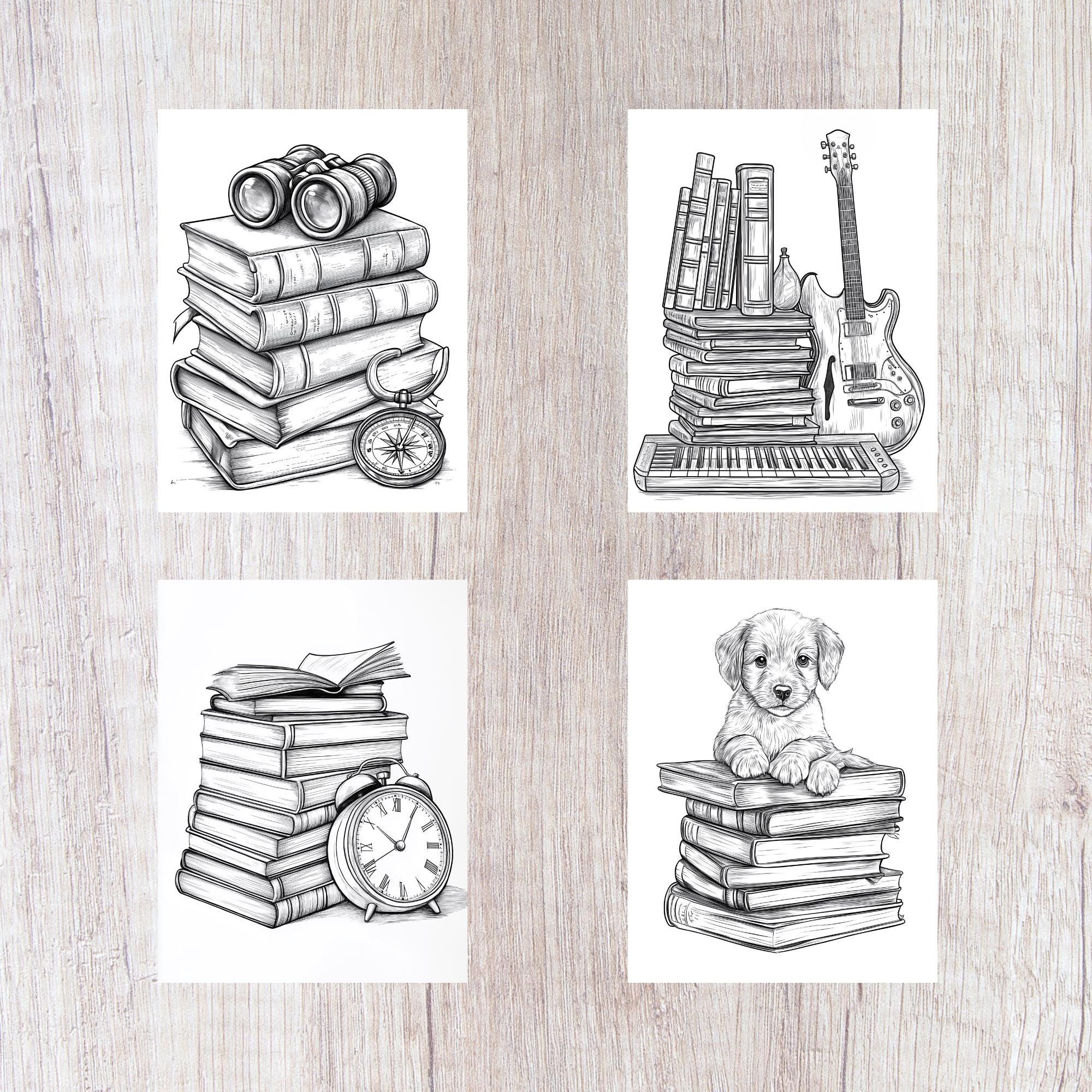 25 Book Stack Coloring Pages, Printable Coloring Book PDF, Library ...