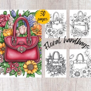 30 Floral Handbag Coloring Pages, Printable Coloring Book PDF, Flower Coloring Pages, Kids And Adults Coloring Book, Grayscale Coloring Book