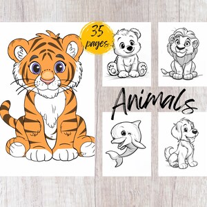 Pu&ograve; includere: Un libro da colorare con 35 pagine con illustrazioni in bianco e nero di animali. La copertina mostra una tigre, un orso, un leone, un delfino e un cane.