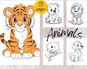 Può includere: Un libro da colorare con 35 pagine con illustrazioni in bianco e nero di animali. La copertina mostra una tigre, un orso, un leone, un delfino e un cane.