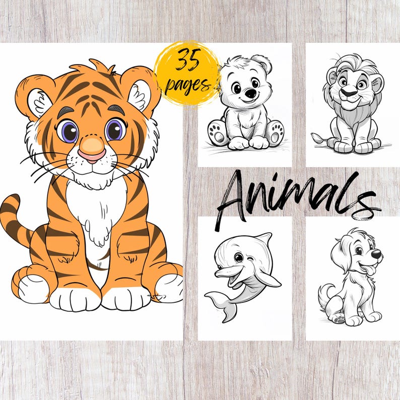 Pu&ograve; includere: Un libro da colorare con 35 pagine con illustrazioni in bianco e nero di animali. La copertina mostra una tigre, un orso, un leone, un delfino e un cane.