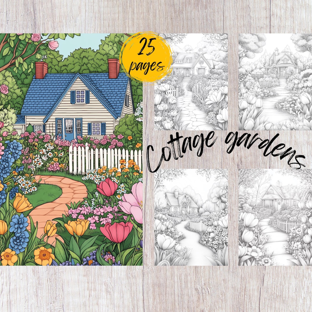 25 Cottage Garden Coloring Pages, Printable Coloring Book PDF, House ...
