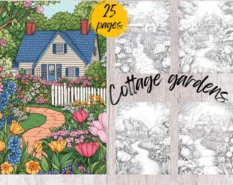 25 Cottage Garden Coloring Pages, Printable Coloring Book PDF, House Coloring Pages, Kids And Adults Coloring Book, Grayscale Coloring Book