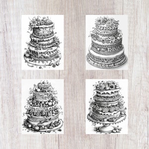 Pu&ograve; includere: Quattro illustrazioni dettagliate in bianco e nero di elaborate torte nuziali a pi&ugrave; livelli decorate con fiori, glassa e altri ornamenti.