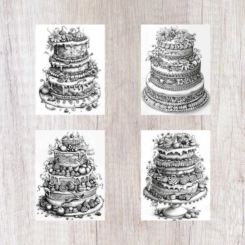 Pu&ograve; includere: Quattro illustrazioni dettagliate in bianco e nero di elaborate torte nuziali a pi&ugrave; livelli decorate con fiori, glassa e altri ornamenti.