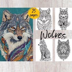 25 Wolf Coloring Pages, Printable Coloring Book PDF, Animal Mandala Coloring Pages, Kids And Adults Coloring Book, Grayscale Coloring Book