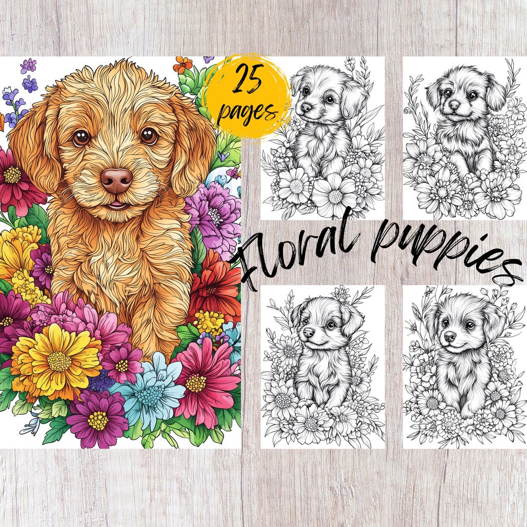 25 Floral Puppy Coloring Pages, Printable Coloring Book PDF, Flower ...