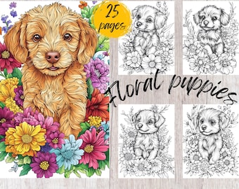 25 Floral Puppy Coloring Pages, Printable Coloring Book PDF, Flower Coloring Pages, Kids And Adults Coloring Book, Grayscale Coloring Book