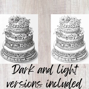 Pu&ograve; includere: Un'illustrazione in bianco e nero di una torta nuziale a tre piani decorata con intricati disegni floreali e volute. La torta &egrave; mostrata in due versioni, una con ombreggiatura pi&ugrave; scura e una con ombreggiatura pi&ugrave; chiara. "Versioni scura e chiara incluse" &egrave; scritto sotto le immagini.