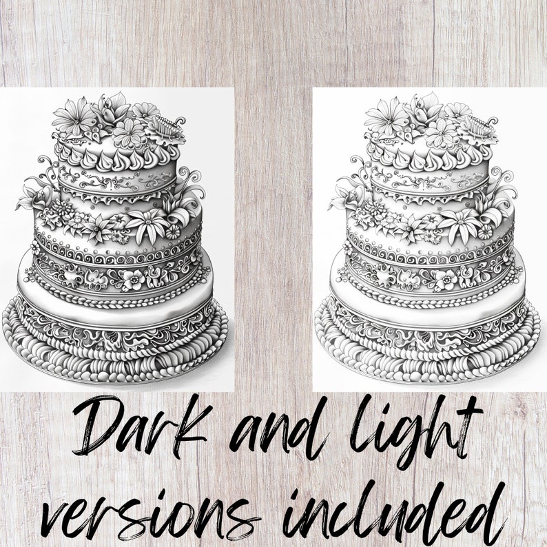 Pu&ograve; includere: Un'illustrazione in bianco e nero di una torta nuziale a tre piani decorata con intricati disegni floreali e volute. La torta &egrave; mostrata in due versioni, una con ombreggiatura pi&ugrave; scura e una con ombreggiatura pi&ugrave; chiara. "Versioni scura e chiara incluse" &egrave; scritto sotto le immagini.