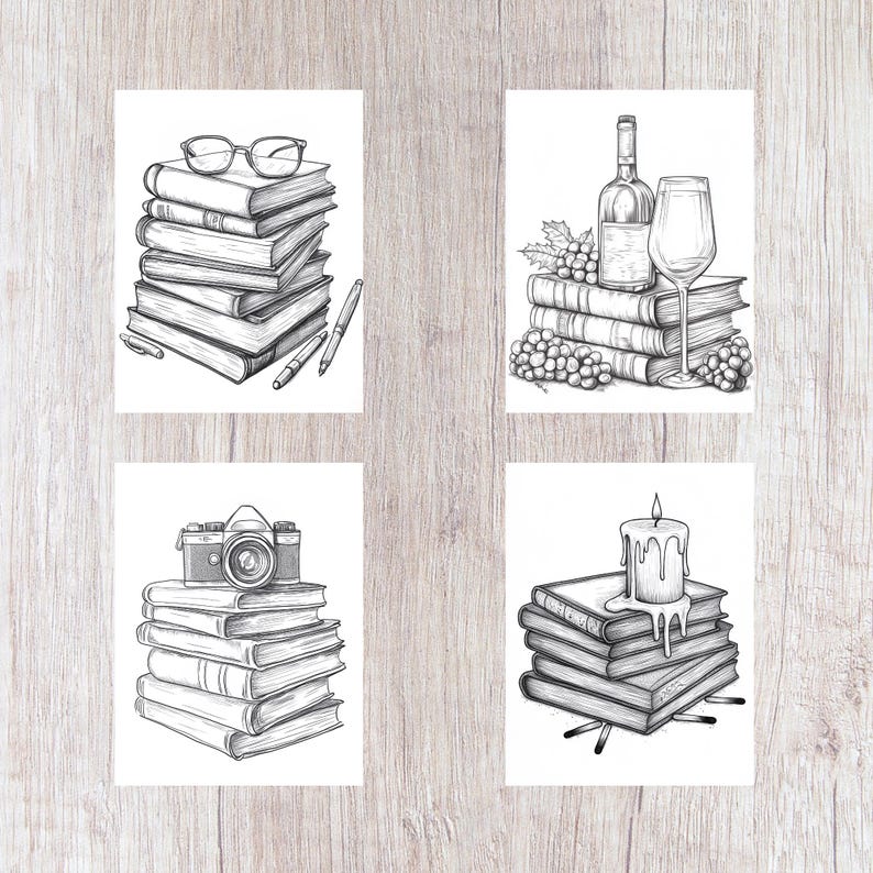 25 Book Stack Coloring Pages, Printable Coloring Book PDF, Library ...