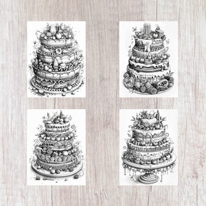 Pu&ograve; includere: Quattro illustrazioni in bianco e nero di elaborate torte a pi&ugrave; piani decorate con glassa, frutta e altri ornamenti.