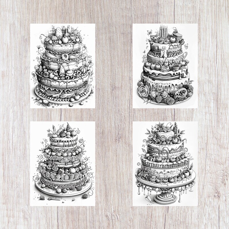Pu&ograve; includere: Quattro illustrazioni in bianco e nero di elaborate torte a pi&ugrave; piani decorate con glassa, frutta e altri ornamenti.