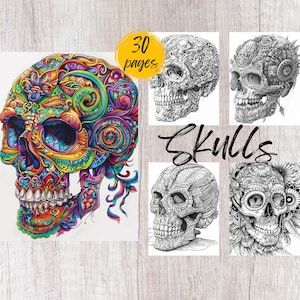 Op de afbeelding: Een set van vijf kleurplaten met ingewikkelde schedelontwerpen. Elke schedel is versierd met gedetailleerde patronen en swirls, perfect voor kleurboeken voor volwassenen. De pagina's zijn getiteld "Skulls" en bevatten 30 pagina's.