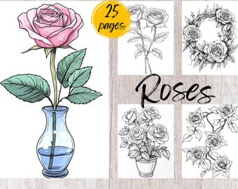 25 Roses Coloring Pages, Printable Coloring Book PDF, Flower Coloring Pages, Kids And Adults Coloring Book, Grayscale Coloring Book