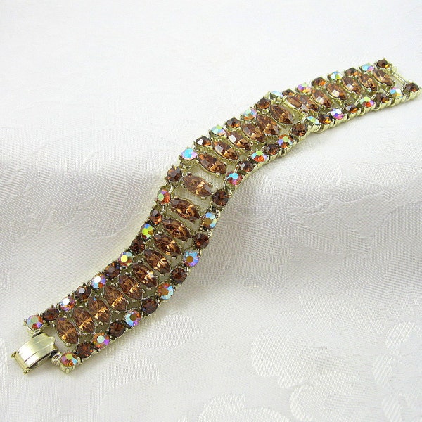 Vintage Rhinestone Bracelet Smoked Topaz Light Smoked Topaz Topaz Aurora Borealis Goldtone Restored