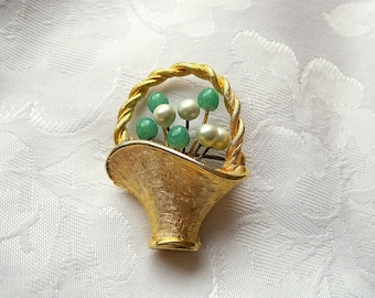 Vintage Flower Basket Brooch Rhinestone Green Faux Pearl Balls Goldtone