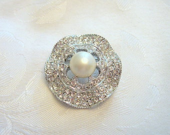 Vintage Circular Brooch Rhinestone Crystal Faux Pearl Rhodium Plated Restored
