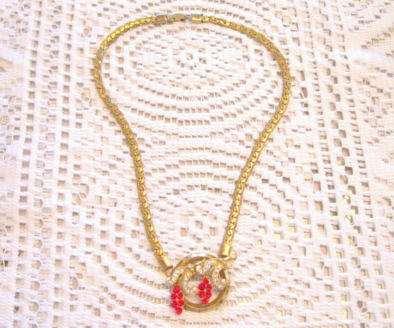 Vintage Floral Necklace Rhinestone Ruby Crystal G… - image 2