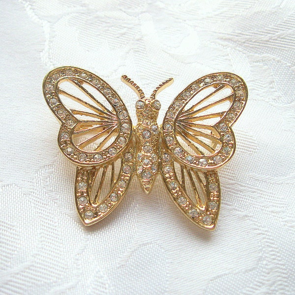 Vintage Butterfly Brooch Signed Roman Rhinestone Crystal Goldtone