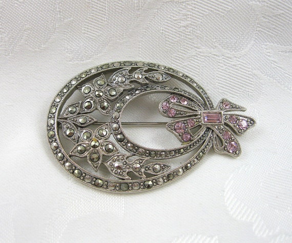 Vintage Floral Brooch Marcasite Rhinestone Light … - image 4