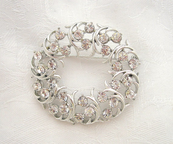 Vintage Floral Brooch Rhinestone Crystal Silverto… - image 1