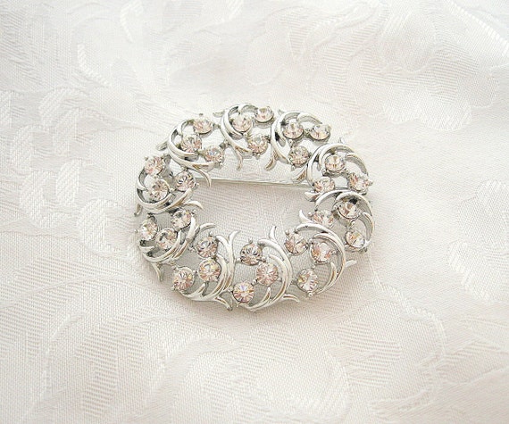 Vintage Floral Brooch Rhinestone Crystal Silverto… - image 4