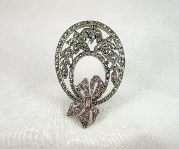 Vintage Floral Brooch Marcasite Rhinestone Light … - image 2