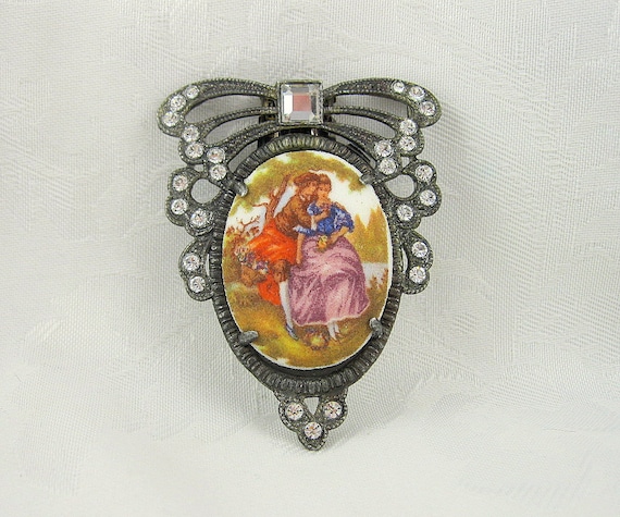 Vintage Dress Clip Courting Couple Rhinestone Crystal Restored