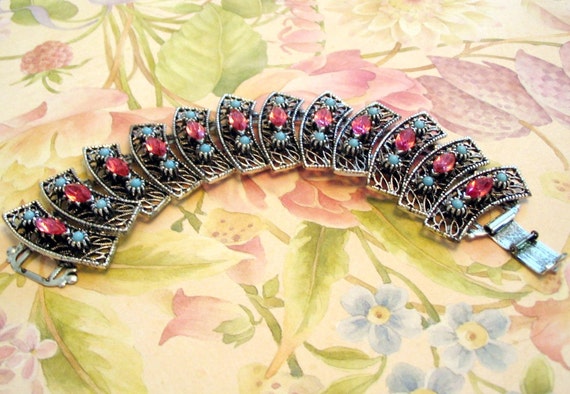 Vintage Rhinestone Bracelet Rose Turquoise Bead S… - image 5