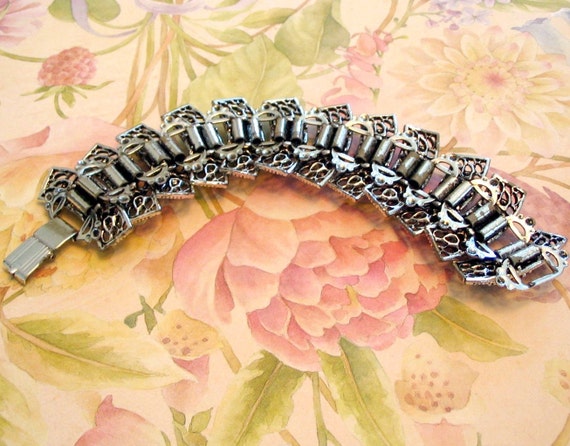 Vintage Rhinestone Bracelet Rose Turquoise Bead S… - image 4