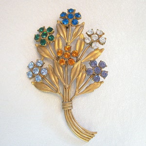 Vintage Flower Brooch Rhinestone Multi Color Goldtone