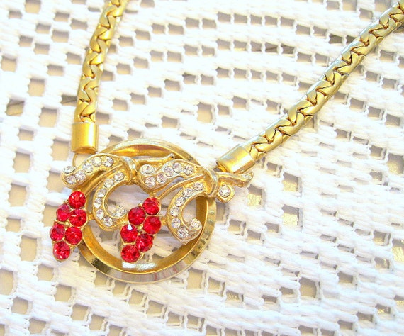 Vintage Floral Necklace Rhinestone Ruby Crystal G… - image 1