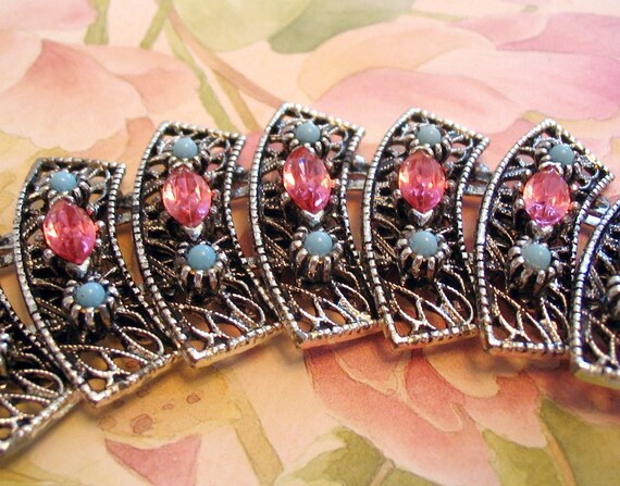 Vintage Rhinestone Bracelet Rose Turquoise Bead S… - image 2