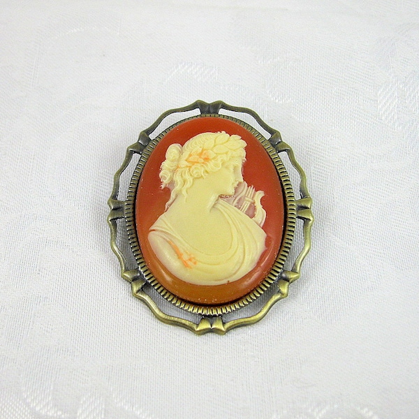 Vintage Cameo Brooch  Grecian Woman Oval Antiqued Goldtone