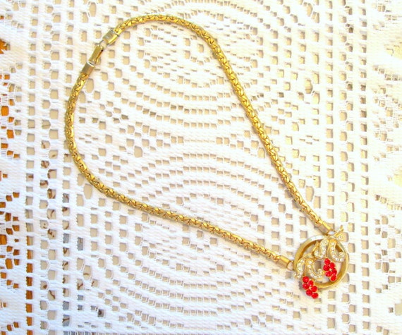 Vintage Floral Necklace Rhinestone Ruby Crystal G… - image 3
