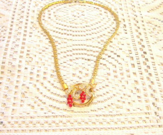 Vintage Floral Necklace Rhinestone Ruby Crystal G… - image 4