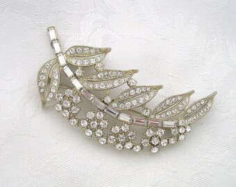 Vintage Floral Brooch Rhinestone Crystal Silvertone Restored